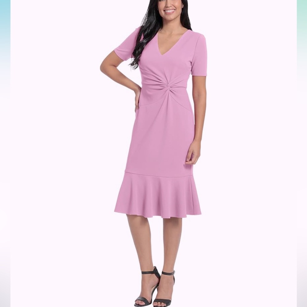 NWT London Times Petites V-Neck Flounce Hem Twist Waist Detail, Orchid, Size 4P